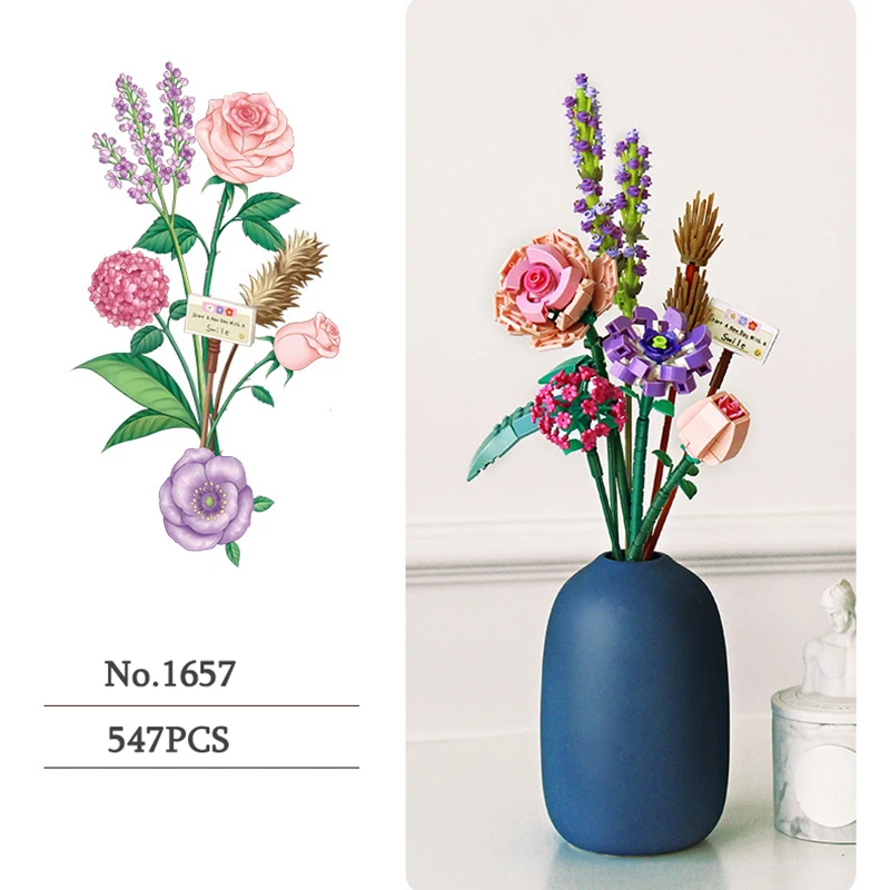 مكعبات بناء الورد الصغيرة زهرة محاكاة بوعاء باقة ثلاثية الأبعاد نموذج ديكور المنزل لتقوم بها بنفسك ألعاب تعليمية للأطفال فتاة هدية - AliExpress - Image 3